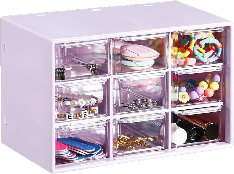 LIPCHEEGO 6 Pcs Small Drawer Organizer for Desk, Mini Desktop Drawer Organizer with 9 Clear Drawers, Plastic Desktop Craft Storage Box for Desk Office School Home 7.1" x 3. 8" x 4.6" (Purple) - Image 2
